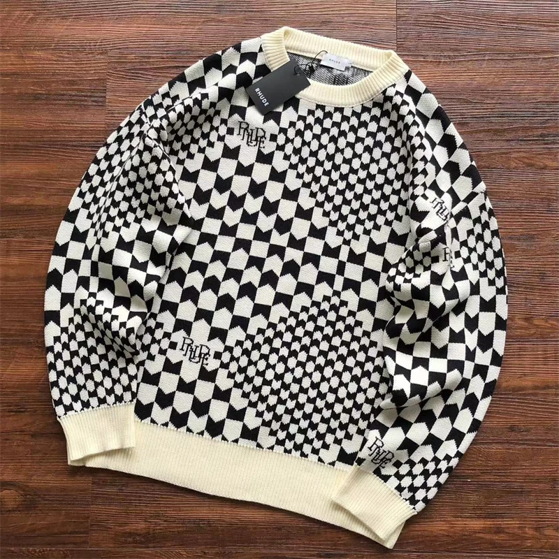 

New Beige jacquard knit Rhude Sweater Men Women Casual O-Neck Sweatshirts y2k