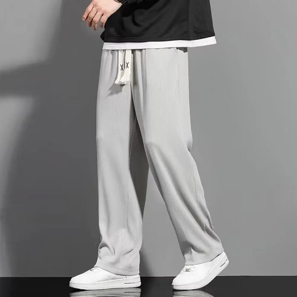 

Men Casual Pants Solid Color Drawstring Elastic Waist Loose Fit Long Trousers Streetwear Straight Wide Leg Pants Casual Sports L