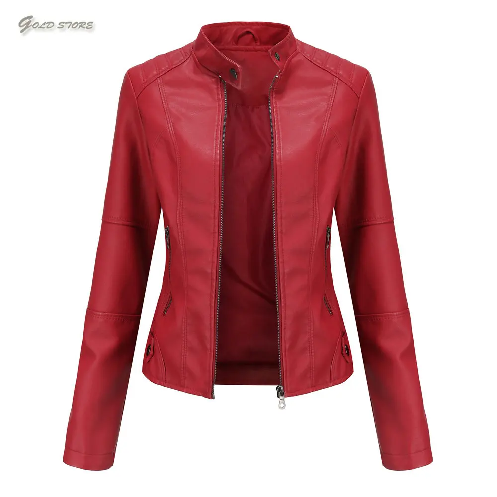 Women's leather jacket thin spring and autumn overcoat women's motorcycle clothes large size vertical collar leather jacket enlarge