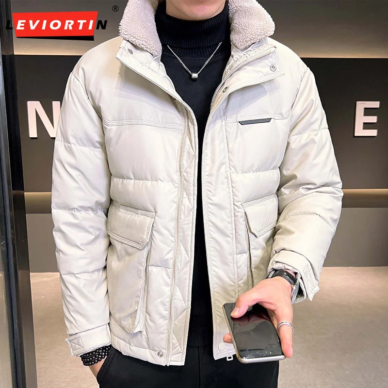 Winter Men White Duck Down Jacket Fashion Workwear Pu Leather Fur Collar Stand Collar Thick Warm Male Down Jacket Coats Outwear