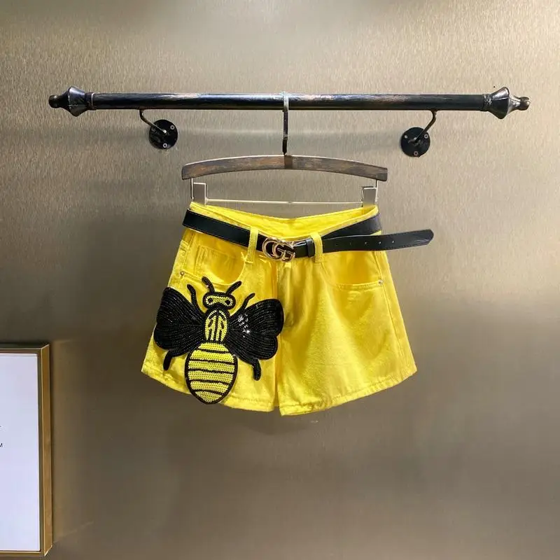 

2022 New Fashion Streetwear Yellow Denim Shorts Hot Summer High Waist Embroidery Sequins Bee Wide Leg Women Short Jean Trendy
