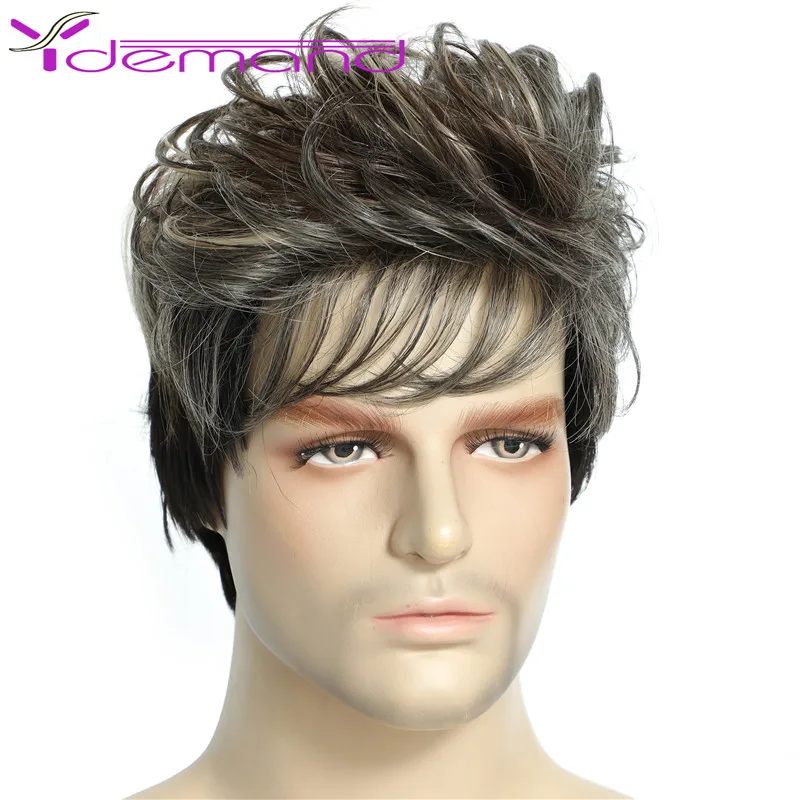 

Y Demand Men Youth Wig Short Blonde Mix Black Synthetic Wave Full Wigs Fleeciness Realistic Natural Toupee Hairs