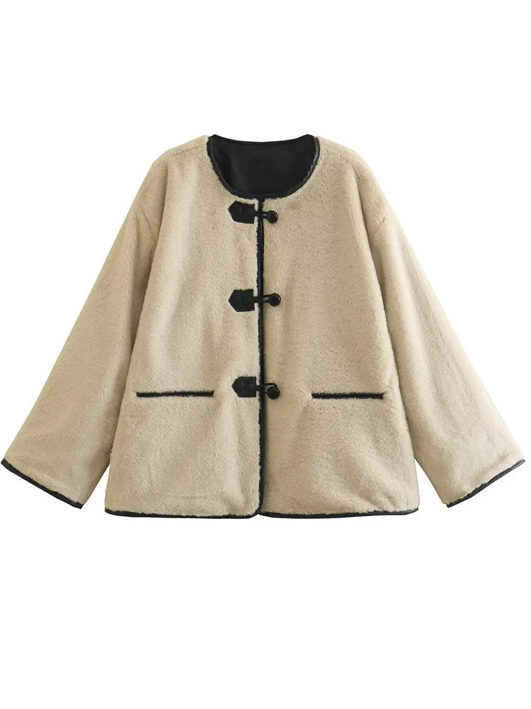 

Плюшевая куртка для женщин, зимнее пушистое пальто большого размера, Женская Теплая Флисовая верхняя одежда, Женская Элегантная Модная Свободная куртка на пуговицах из искусственного меха