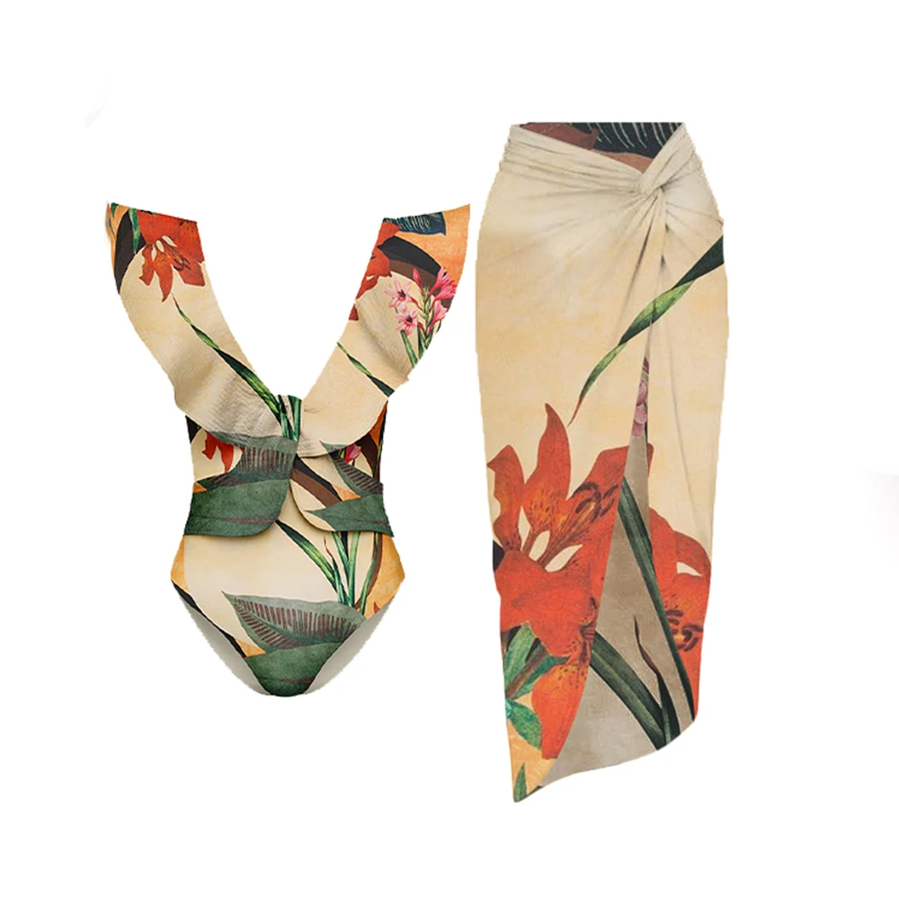 

V Neck Ruffled One-Piece Swimsuit Leaves Print Women 2023 Sexy Backless Off-Shoulder Swimwear Low Waist Thong Suits Monokini