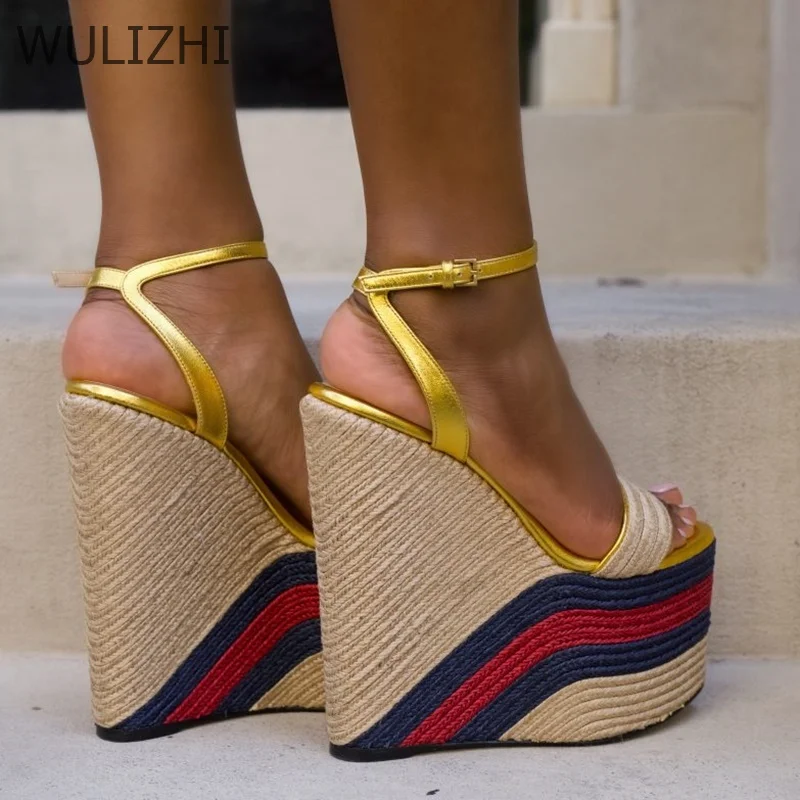 Women New Graffiti Mixed Colors High Wedge Espadarille Gold Bling Open Sandal Buckle Platform Increased Design Dress Casual Shoe