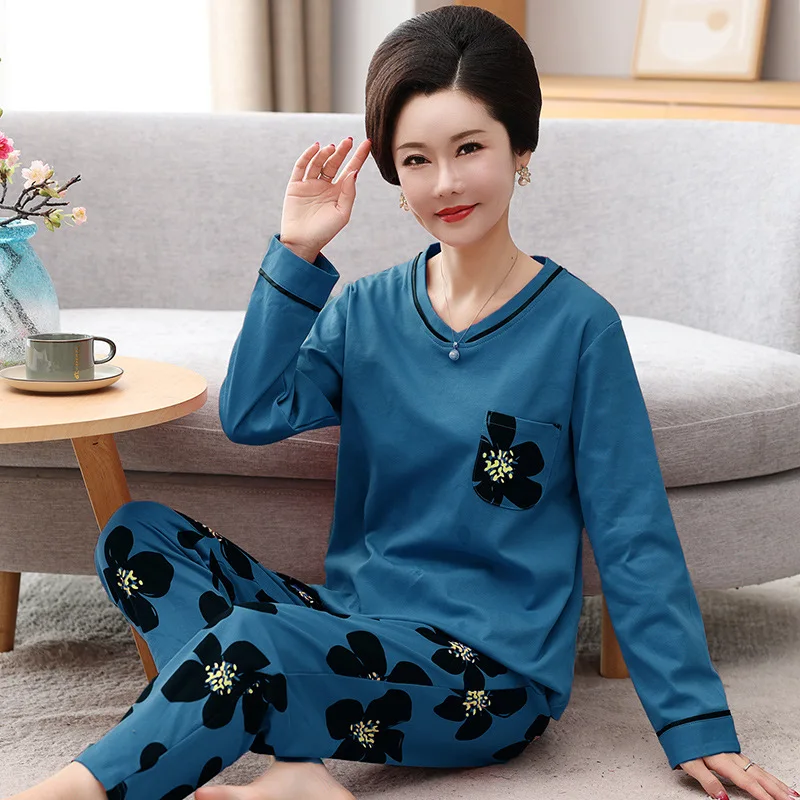 Casual Middle Aged Mother Pajamas Set Long Sleeve Sleepwear Pyjamas Women Spring Autumn Cotton Homewear Night Suit M-3XL