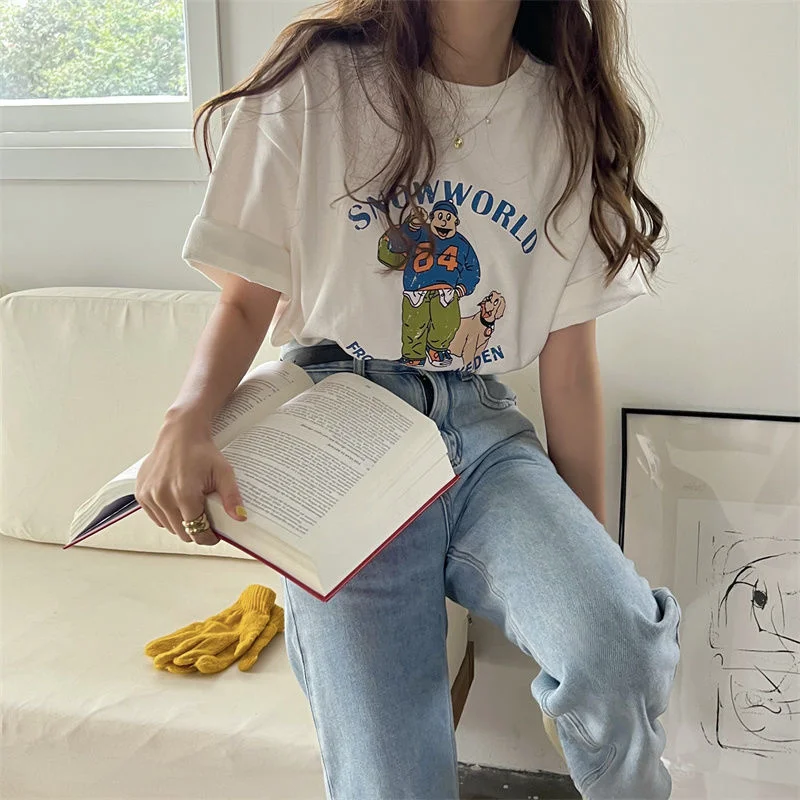 

cartoon letter print Short Sleeve Tee orange white summer women t shirt tops