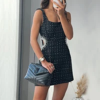 woman dress fashion with pearl beads hollow out tweed mini dress vintage backless zipper wide straps female dresses vestidos