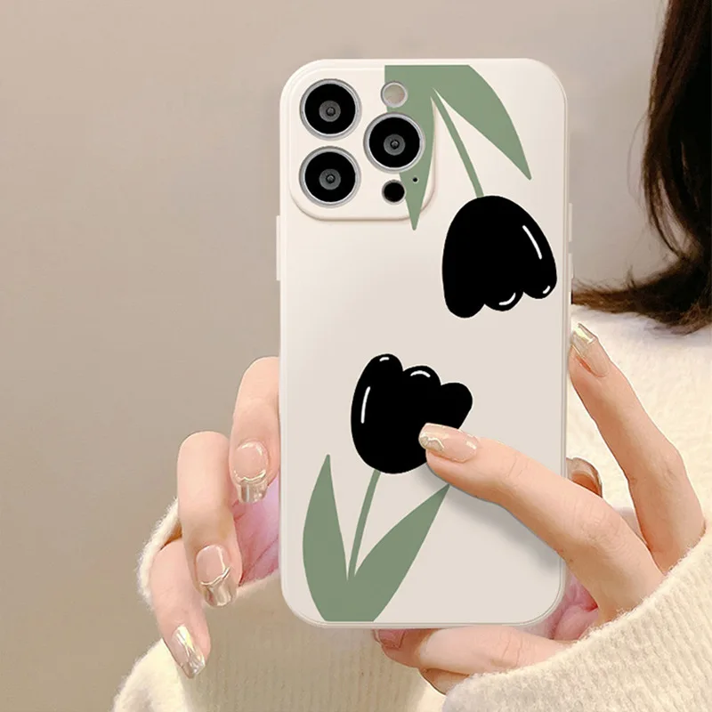 

Чехол Ins с черными тюльпанами и цветами для телефона IPhone 14, 13, 12 Pro Max, мини-чехол, жидкий силиконовый чехол для IPhone 11, X, XR, XS, 7, 8 Plus