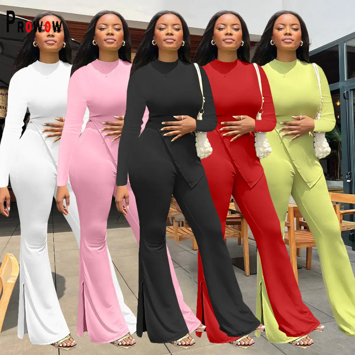 

Prowow Fashon Office Lady Clothing Set Irregularity Hemline Long Sleeve Shirts Flares Pant Two Piece Women Suits Fall Streetwear