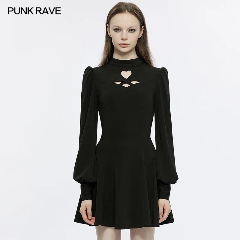 PUNK RAVE Women's Heart-shaped Hollowing Puff Princess Sleeves Dress Gothic Daily Party Club Sexy Black Dress Autumn/Winter