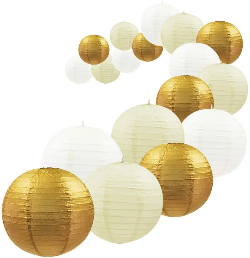 

Decorative Party Paper Lanterns 18 Pcs Gold White Beige Round Japanese/Chinese Lantern Lanterne Papier for Wedding Outdoor Decor