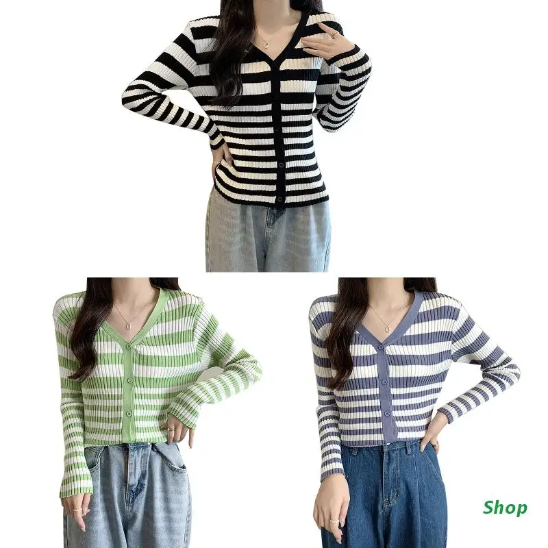 

L5YC Women Ribbed Knit Long Sleeve Crop Sweater Cardigan V-Neck Button Striped Jacket