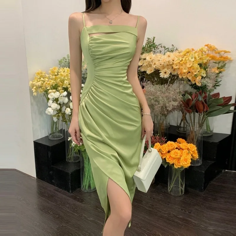 

Новинка 2022, зеленое атласное платье на бретелях-спагетти, сексуальные женские облегающие платья с открытой спиной и узкой талией, летнее же...
