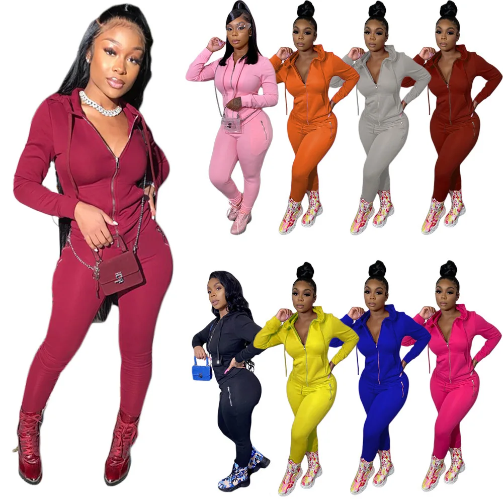 

Autumn Women's Fashion Sports Casual Solid Color Set Personalized Zipper Pocket Two Piece Set