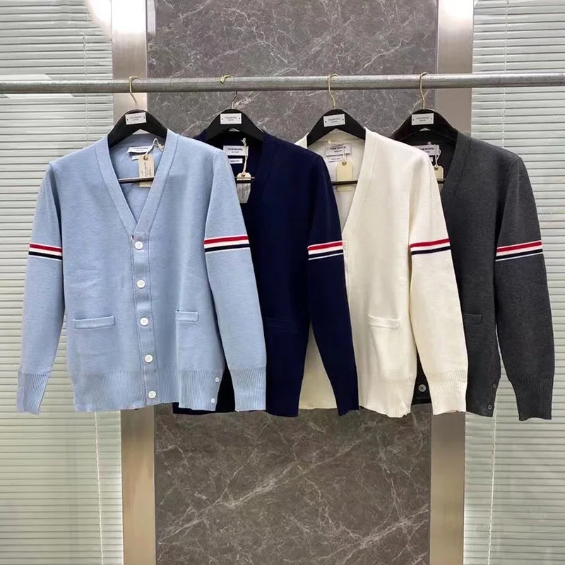 

THOM Browne Women's Sweater Autumn Winter 5 Buttons Casual Coat Brand Men's Clothing Striped Armband V-Neck Cotton Cardigan