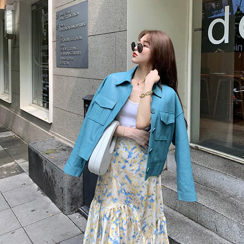 Женская однобортная куртка из овечьей кожи повседневная облегающая короткая с