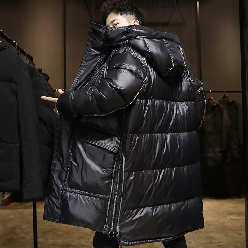 

Down Jacket Men's Winter Medium Length Fashion Black Hooded Thick Outerwear Male Trend Youth Bright Coat
