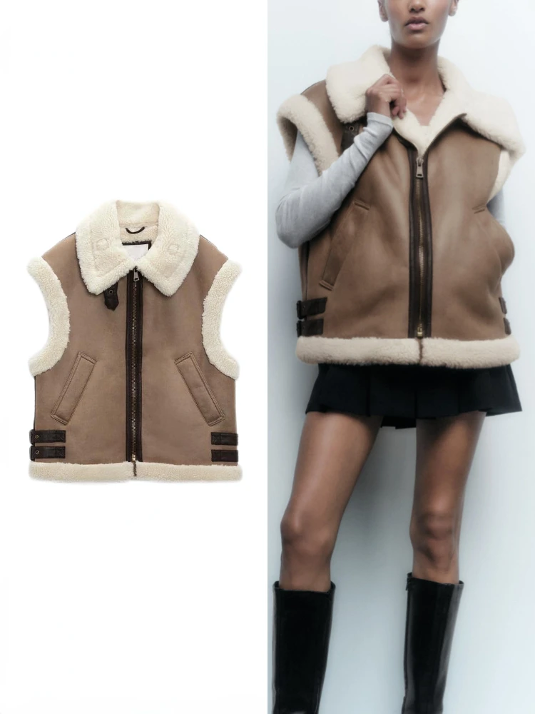 

Women Faux Suede Double Faced Vest Jacket Lapel Collar Zip Faux Shearling Warm Sleeveless Vest Coat Fall Winter Female Outerwear