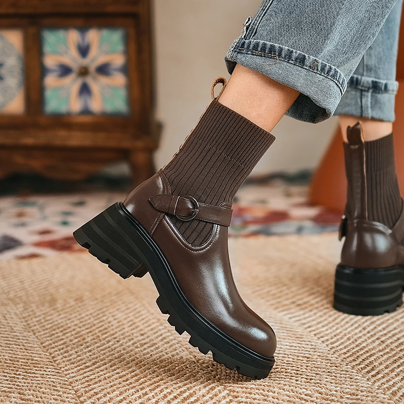 

2022 Women Shoes Women Boots Winter Mid-calf Boots Zapatos De Mujer Genuine Leather Stretch Sock Boots Platform Boots