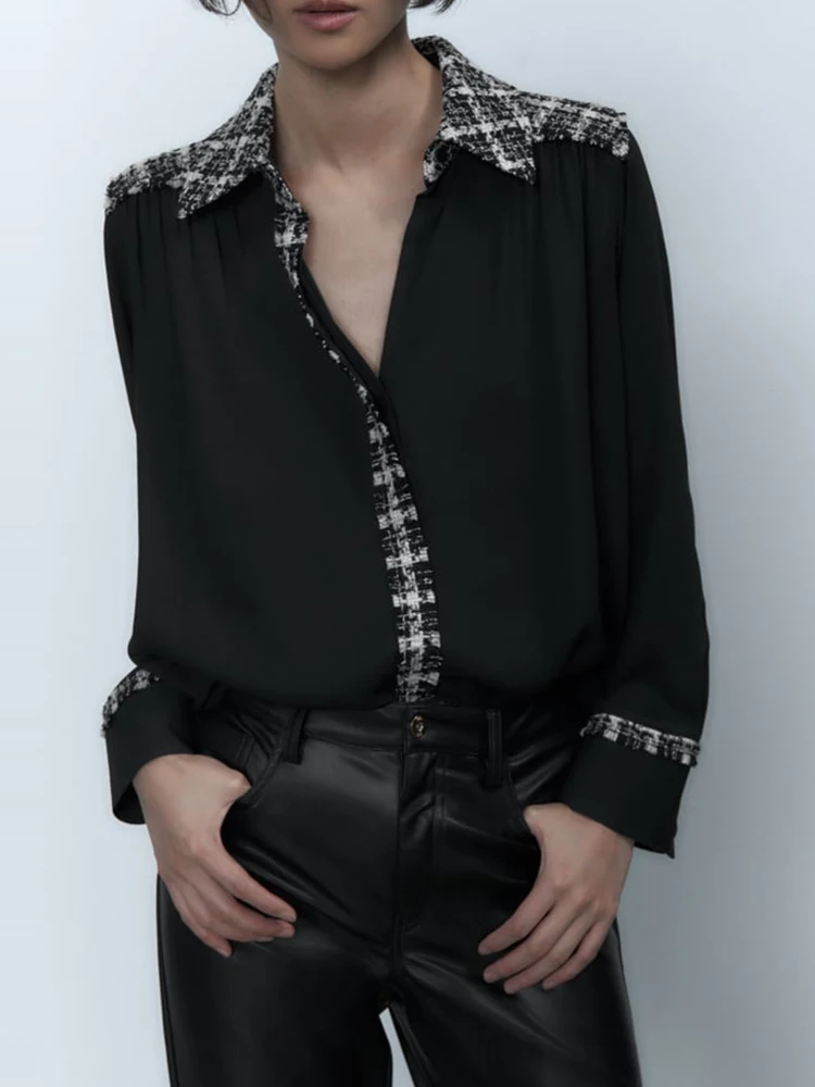 

Женская текстурированная блузка с отложным воротником и длинным рукавом