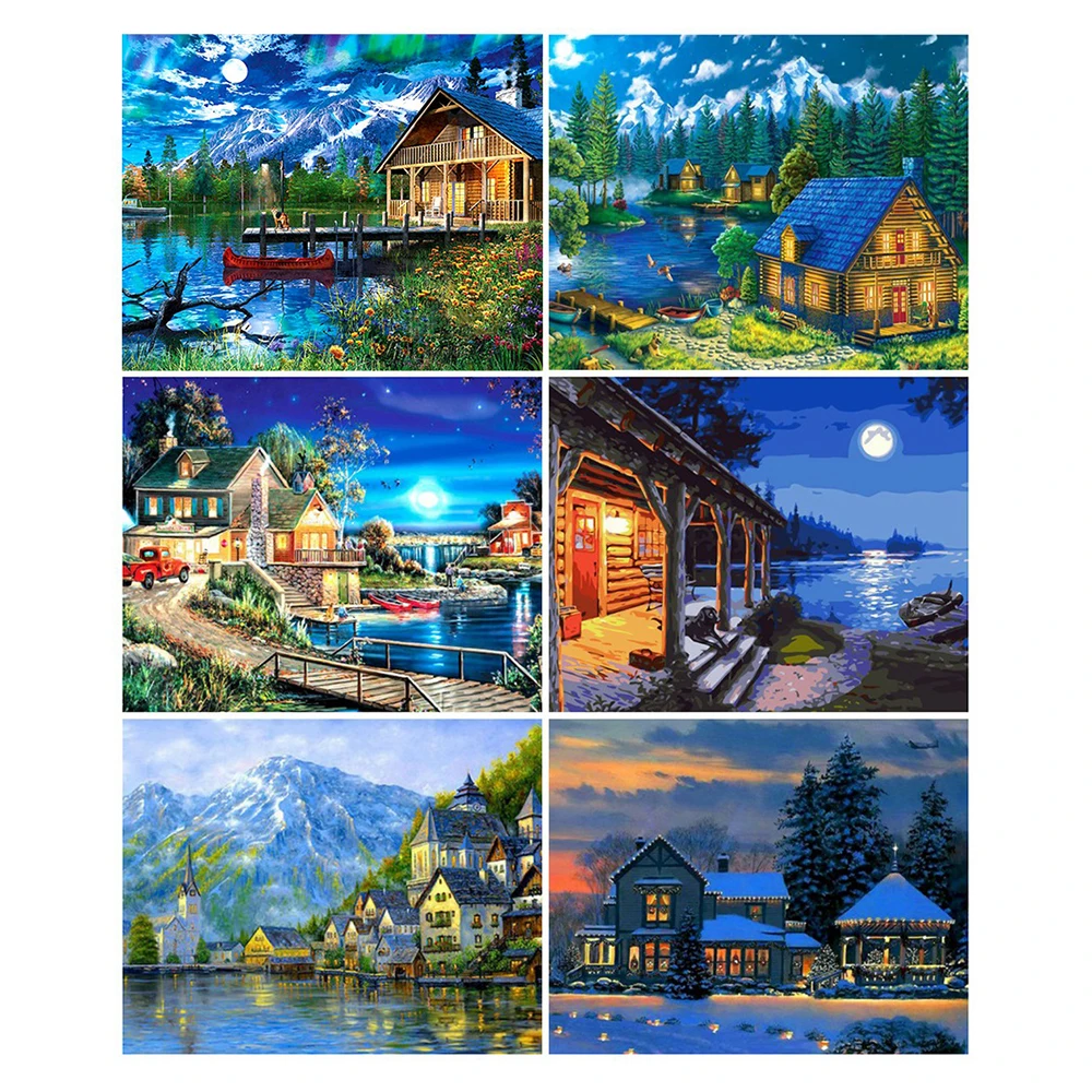 

Full Round/Square Diamond Embroidery Peaceful House By Lake Cross Stitch 5D DIY Diamond Painting Landscape Mosaic Home Decor