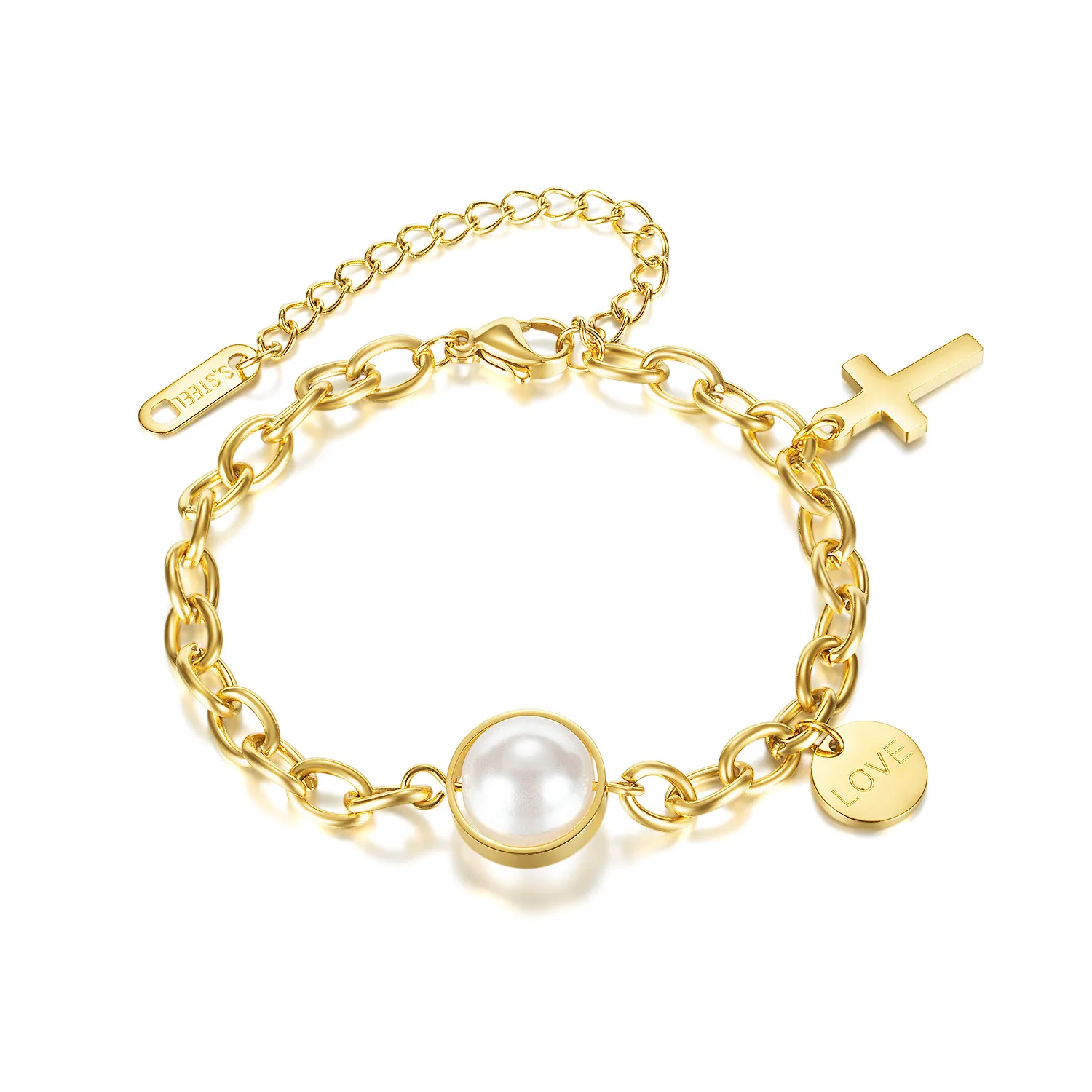 

Tuswans Adjustable Stainless Steel Pearl Love Cross Element Pendant chain Bangle Bracelet for Women Women Friend Jewelry Gift