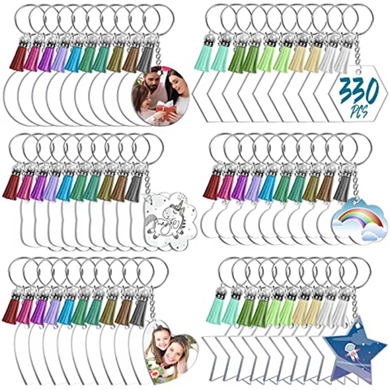 

330 PCS Acrylic Keychain Blanks 6 Shapes Clear Acrylic Keychain Blanks For Vinyl Bulk Acrylic Blanks,Keychain Tassels