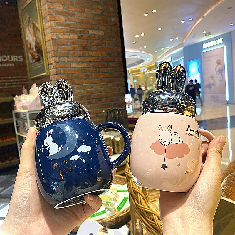 

Cartoon Japanese Rabbit Cup with Lid Leak-proof Milk Coffee Cute Male and Female Student Couple Ceramic