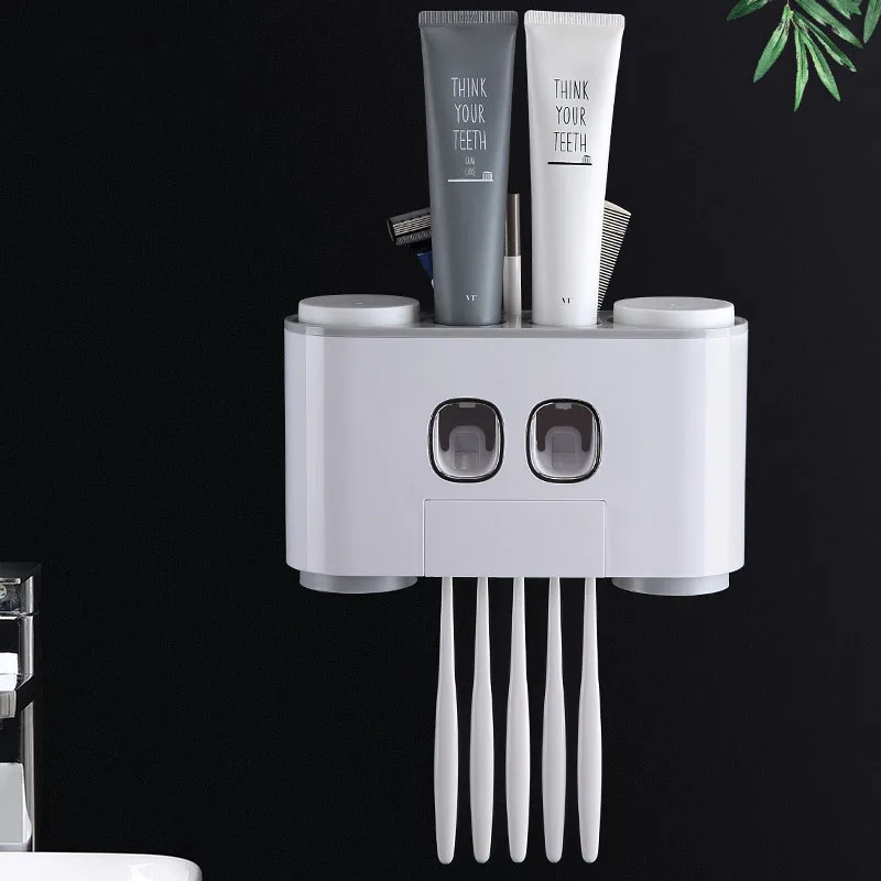 

Wall Mount Automatic Toothpaste Squeezer Dispenser Toothbrush Holder Bathroom Accessories Storage Rack with 4 Cups Family Set