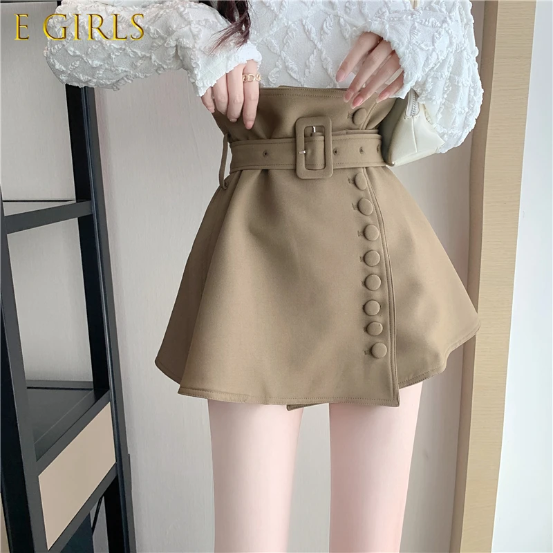E GIRLS Autumn Vintage Split Skirt Women Solid Korean Style  Party Mini Skirt Female Casual High Waist Button Designer Skirts