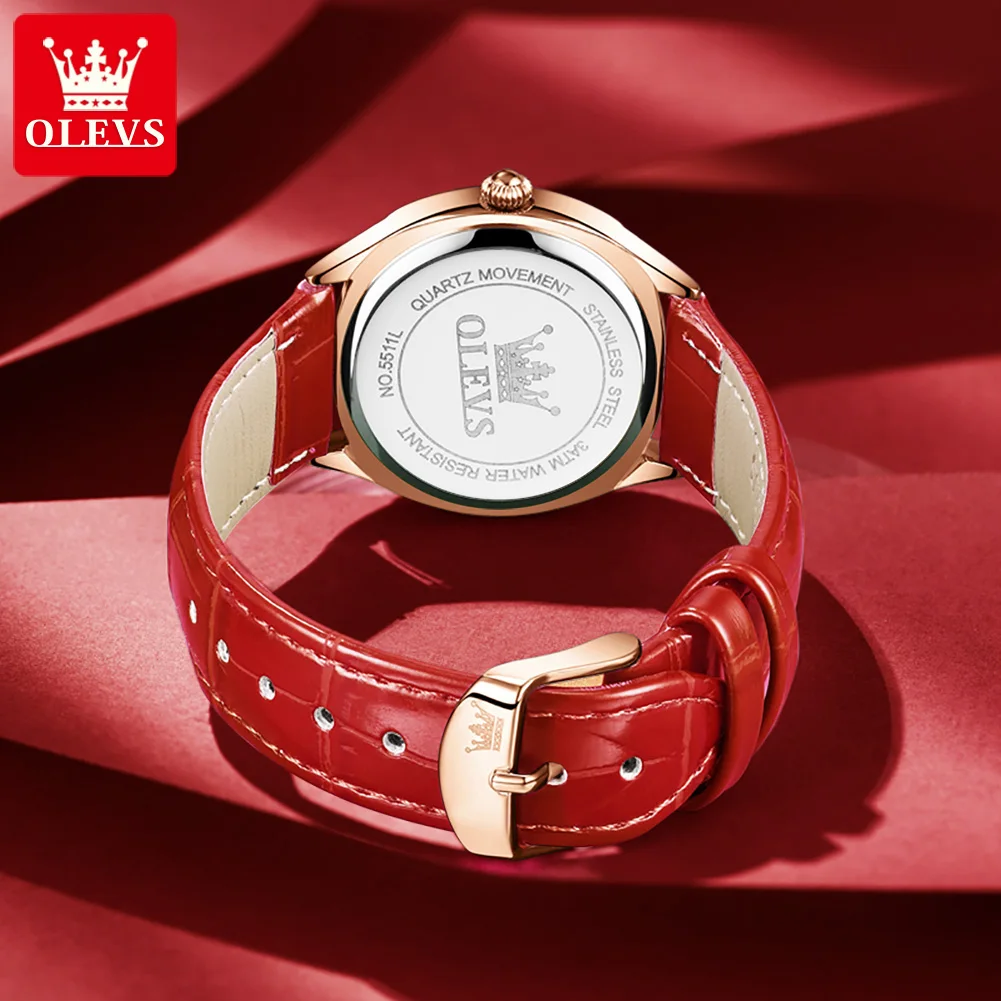 OLEVS Classic Square Quartz Watches Bracelet Set Women's Luxury Red Leather  Fashion Rhinestones Women Wrsitwatches Montre Femme