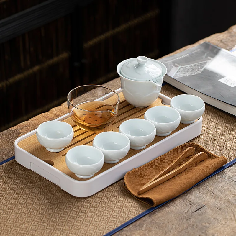 

White Chinese Designer Teaware Travel Tea Set Portable Outdoor Office Tea Plate Ceramic Flower Kung Fu Teaset Business Gift Cool