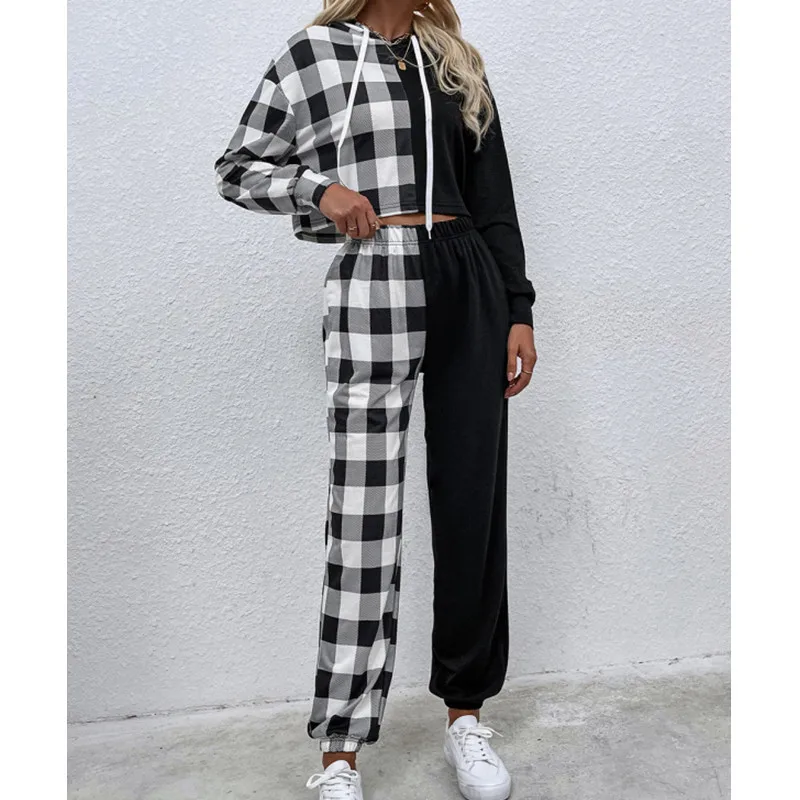 

Sweatshirt Women Gothic High Waist Fashion Women's Black and White Plaid Two-piece Stitching Street Wear Female Casual Wear 2021
