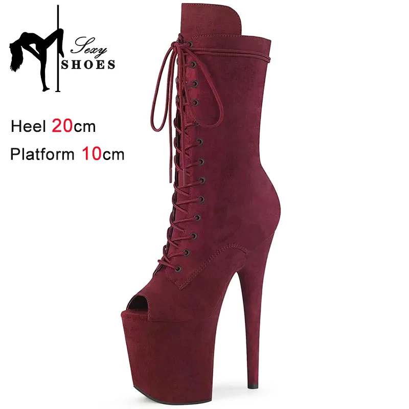 

Sexy Women 8 inches Super Stiletto Thin High Heels Peep Toe Flock Lace Up Pole Dance Ankle Boots Nightclub Fetish Platform Shoes