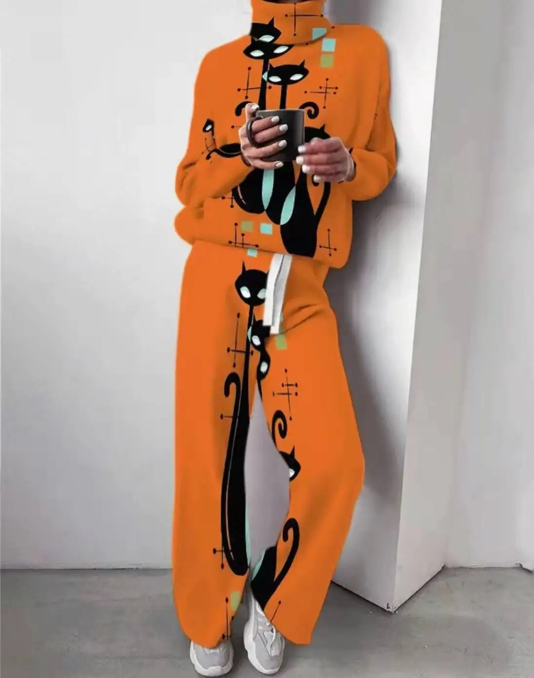 

2021 European and American women's autumn and winter new fashion printed high-collar slacks two-piece suit