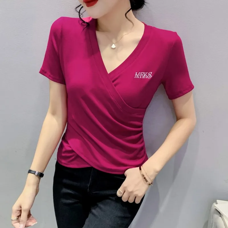 

#6961 черная, белая, Красная футболка неправильной формы, женская короткая футболка с V-образным вырезом, Женская облегающая футболка с коротк...