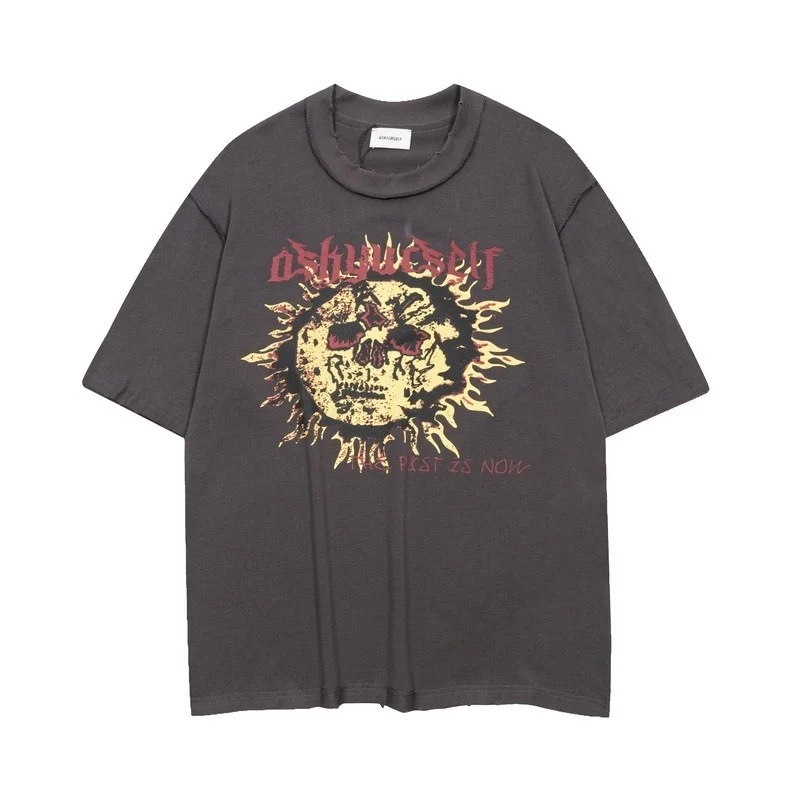 

Ask 2023ss Fashion New Spring And Summer Sanskrit Burning Skeletons Printed Cotton High-Quality Retro Round-Neck T-Shirt