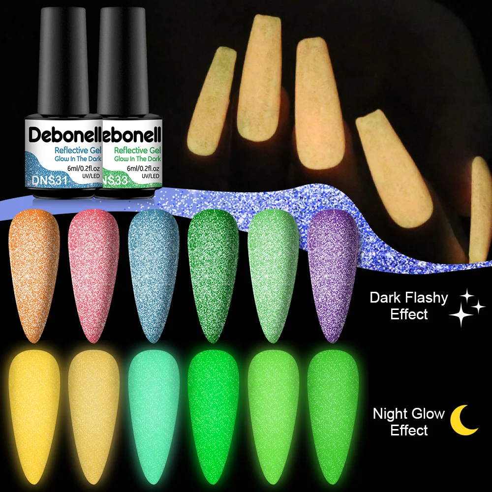 

1 Bottle Luminous Reflective Glitter Gel Polish Glow In Dark Fluorescent Semi Permanent Soak Off UV Gel Nail Art Varnish Manicur
