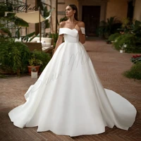 elegant satin ball gown wedding dress for women off the shoulder simple bridal gown v neck luxury bridal dress vestidos de novia