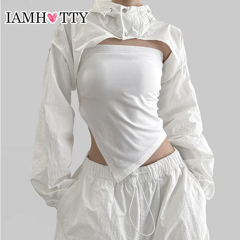 

IAMHOTTY Casual Street Style Super-short Hooded Smock Top White Black Loose Slim-fitting Basics Sweatshirts Retro Pullover Fall