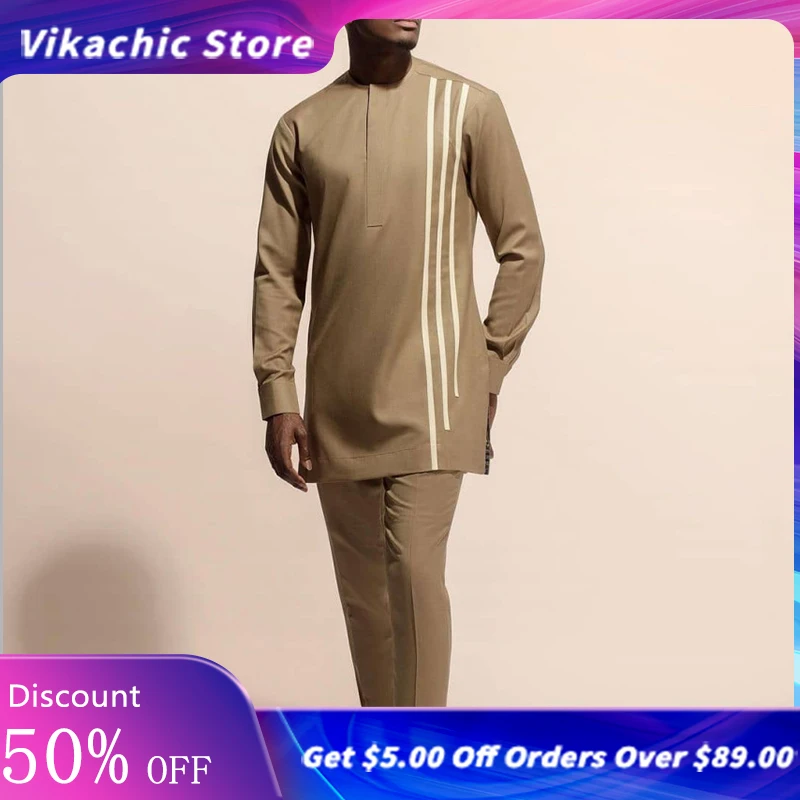 

African Ethnic Long Sleeve Men's Wedding Suit Top Pants Set 2022 Brand New Striped Printed Africa Clothing Man Casual Two-piece