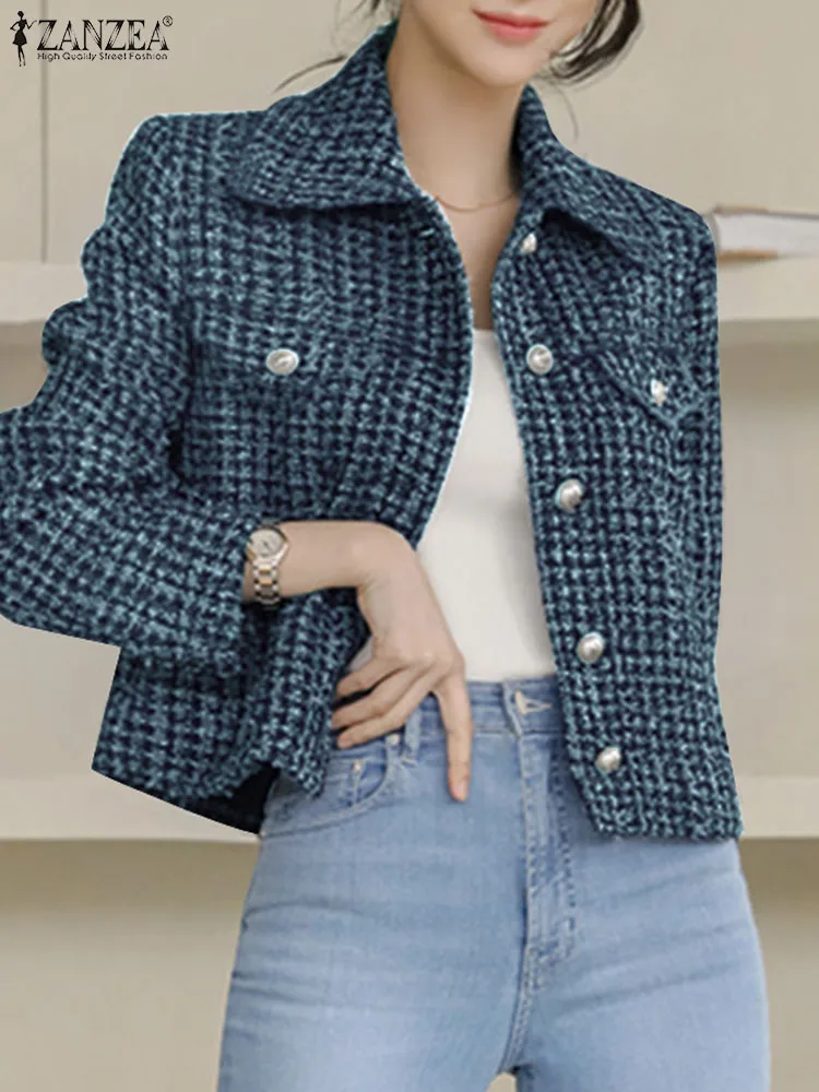 

Повседневная Офисная Женская однобортная верхняя одежда ZANZEA, винтажные укороченные куртки, корейская мода, осень 2023, приталенные твидовые пальто с лацканами