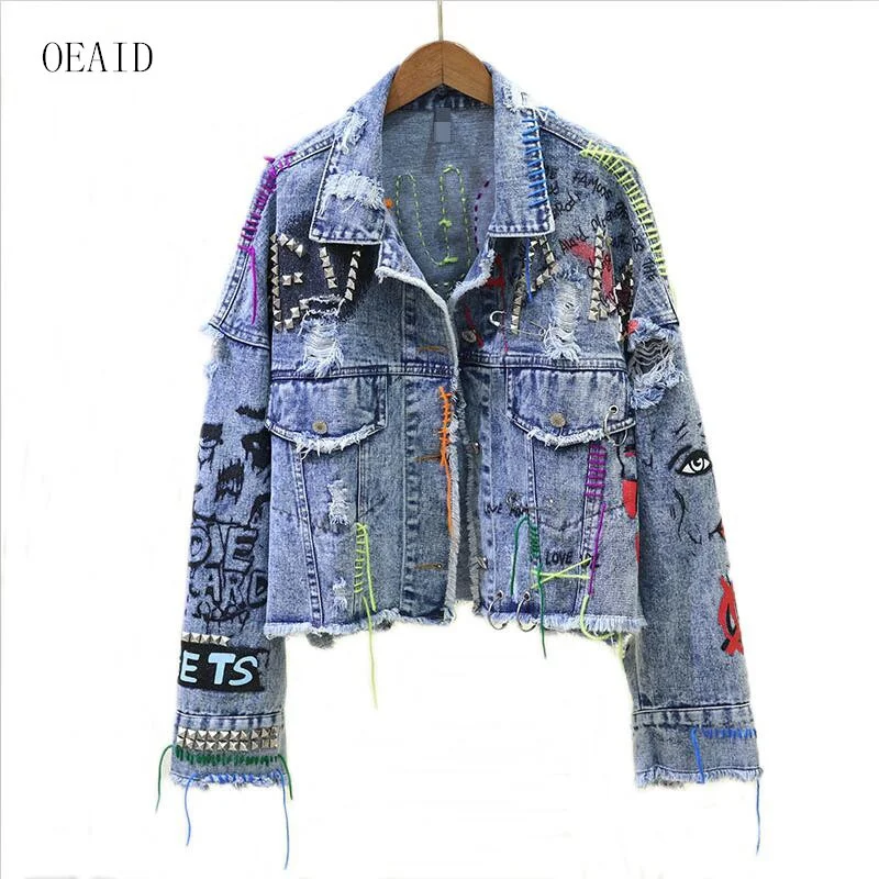 

New Women Denim Jacket Coat 2022 Spring Jean Jackets Women Coats Female Denim Jacket Graffiti Rivet Jacket Girls Outerwear Blue