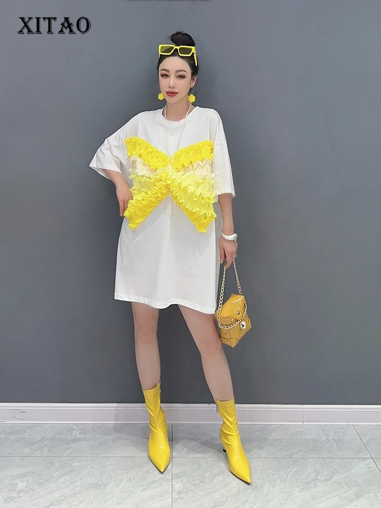 XITAO Solid Color Patchwork Gauze Bow Dress Pullover O-neck Loose Three-dimensional Decoration Summer New Arrival Casual HQQ0762