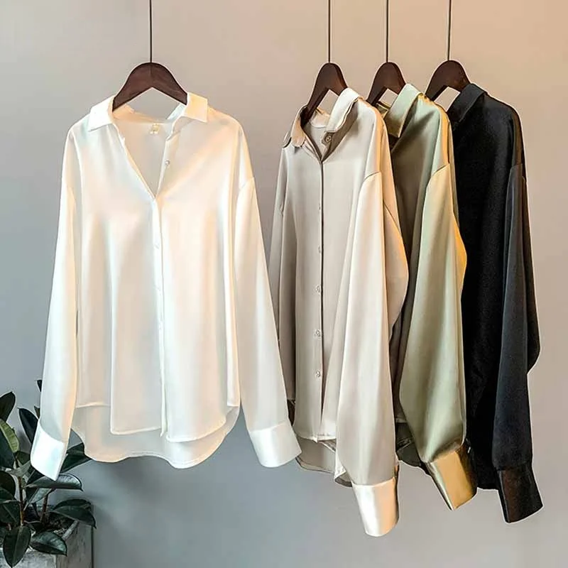 

Silk Korean Office Ladies Elegant Shirt Blouse Women Fashion Button Up Satin Shirt Vintage White Long Sleeve Shirts Womens Tops
