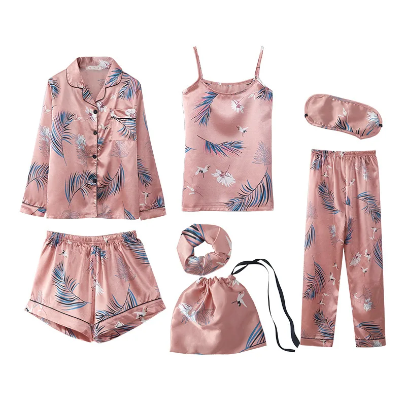New Arrivals Spring Summer Female Luxury Satin Silky Seven-Pieces Pijama Set Pyjamass Sleepwear Set Cartoon Floral Pattern Gown