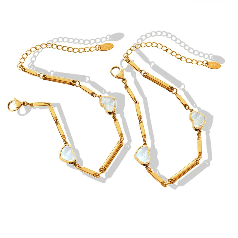 

Fashionable Heart-shape Bracelet for Women White Seashells Inlaid Heart Bamboo Chain Titanium Steel Gold Plated Jewelry Gifts