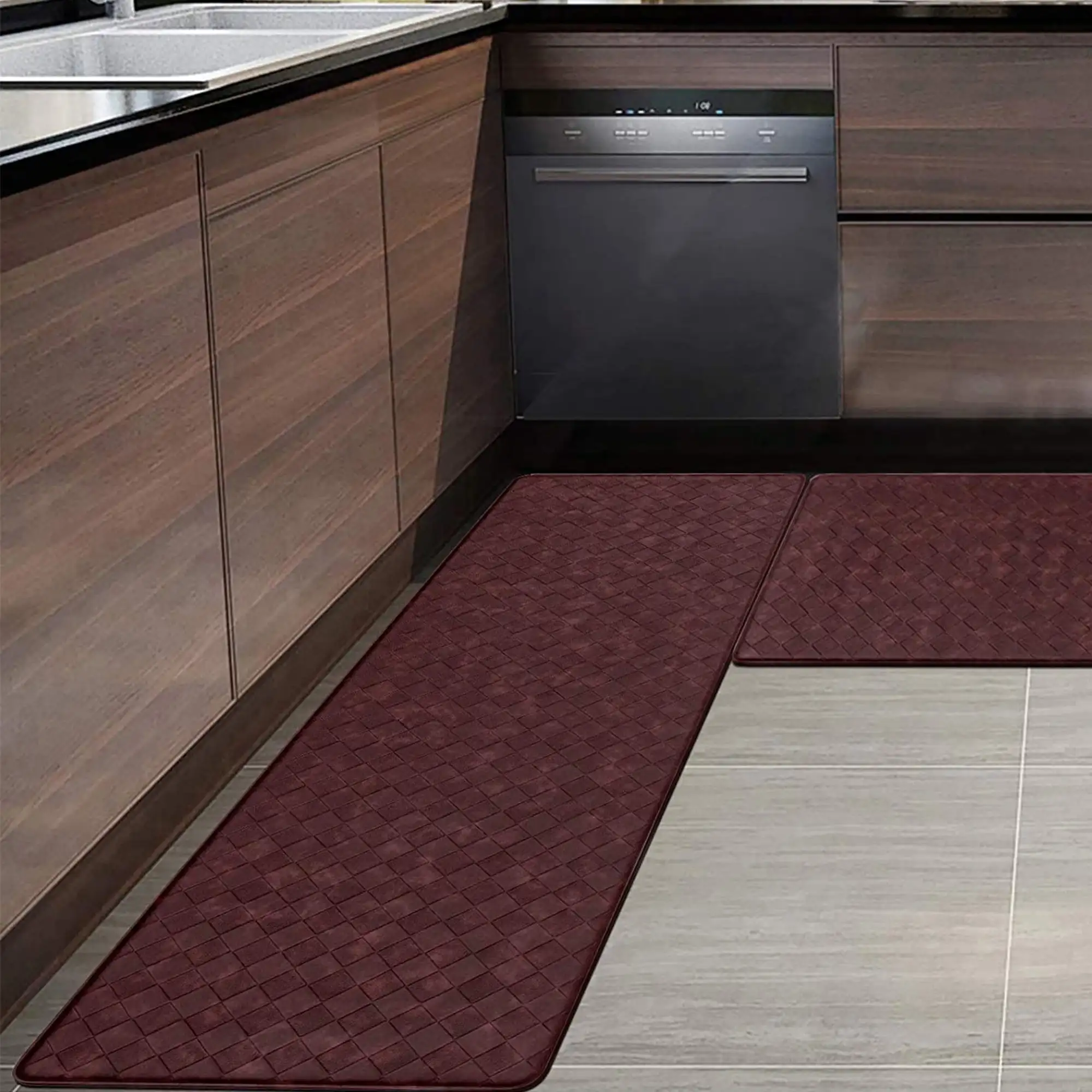 

MeyJey Plaid Anti Fatigue Kitchen Runner Rugs Set of 2 Cushioned Non Slip Waterproof Floor Mat 17" x 47" x 0.5" + 17" x 28" x 0.