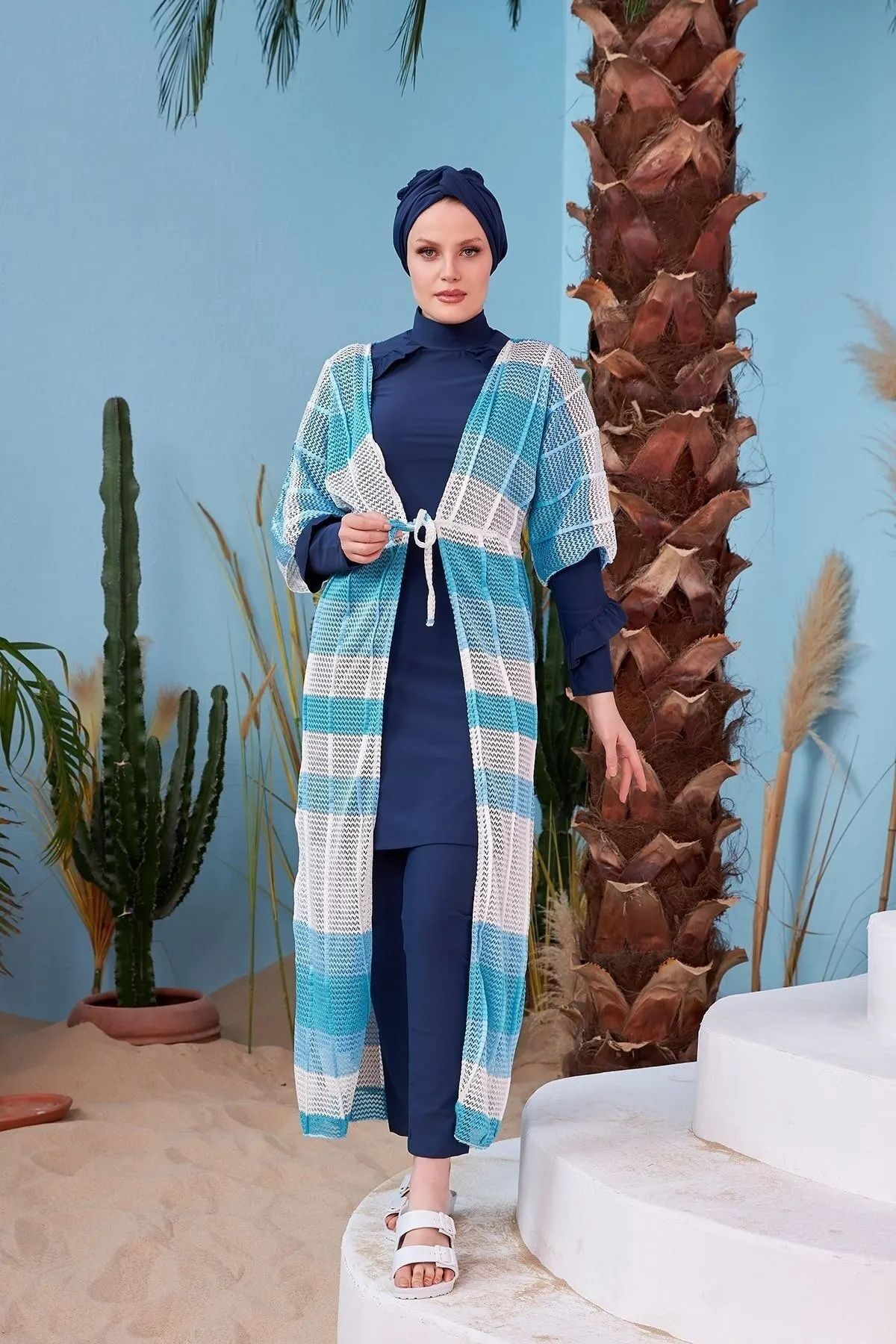 

Women's Pareo Open Front Knitted Blue White Swimwear Cover Dress Sexy Tunic Suit Beachwear Female Beach Bikini Cover